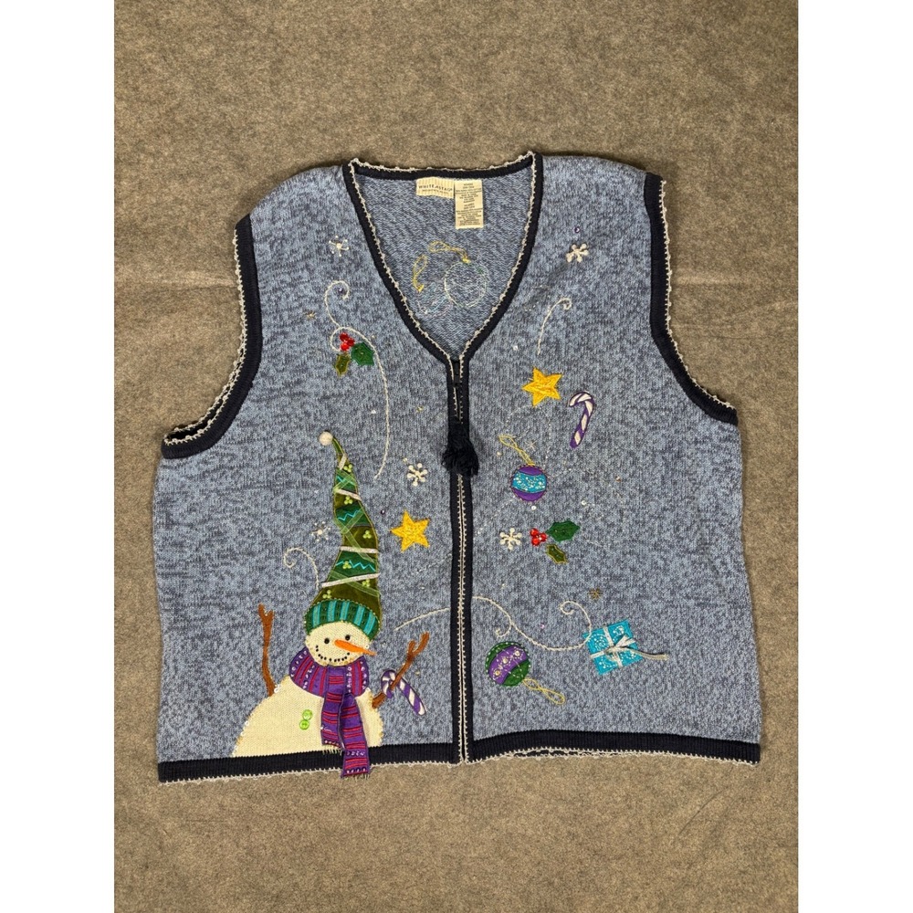 White Stag Womens Plus Blue Snowman Christmas Vest Knit Zipper Front Holiday
